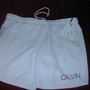 NWT CALVIN KLEIN Swimwear Men’s XXL/XXG/TTG Pride Rainbow WHITE Swim Trunks NEW